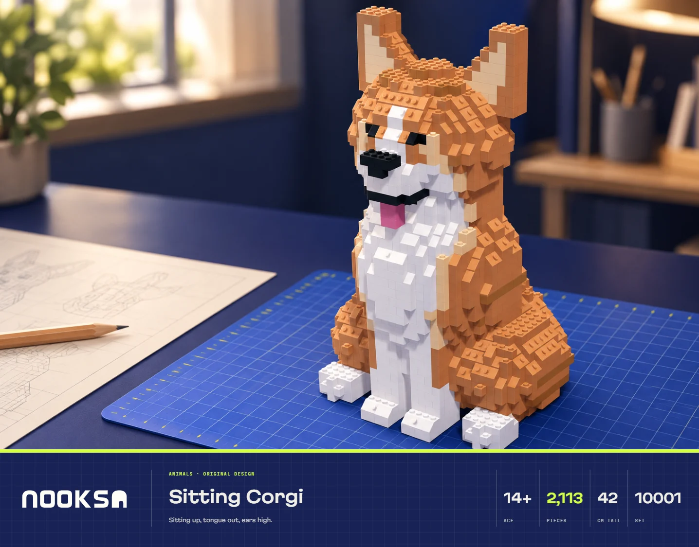 The box for the Sitting Corgi set: the corgi on a desk, with the set's name, pieces, height and set number on the band