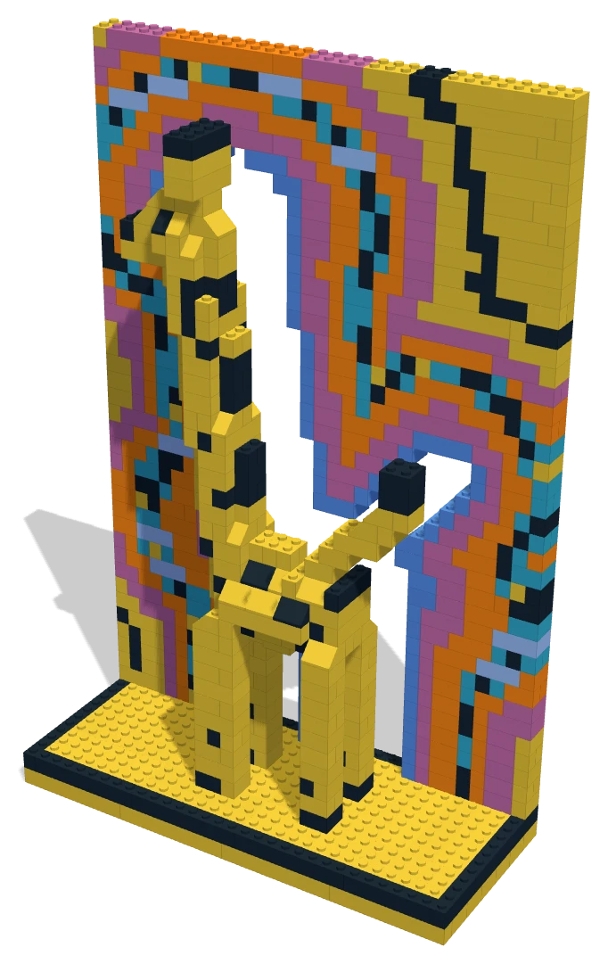 Gabrielle’s Giraffe, built in real bricks: a spotted giraffe in front of its painting