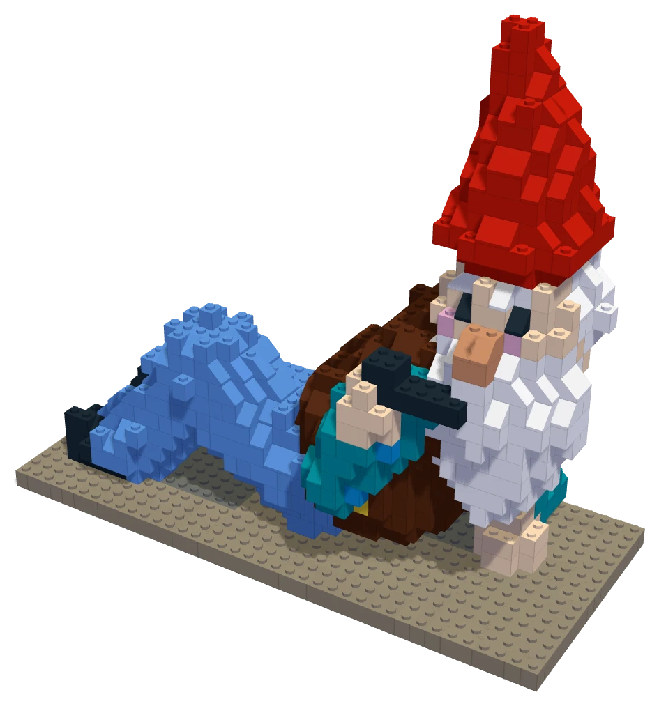 Garden Gnome, built in real bricks: a garden gnome lying back with his pipe