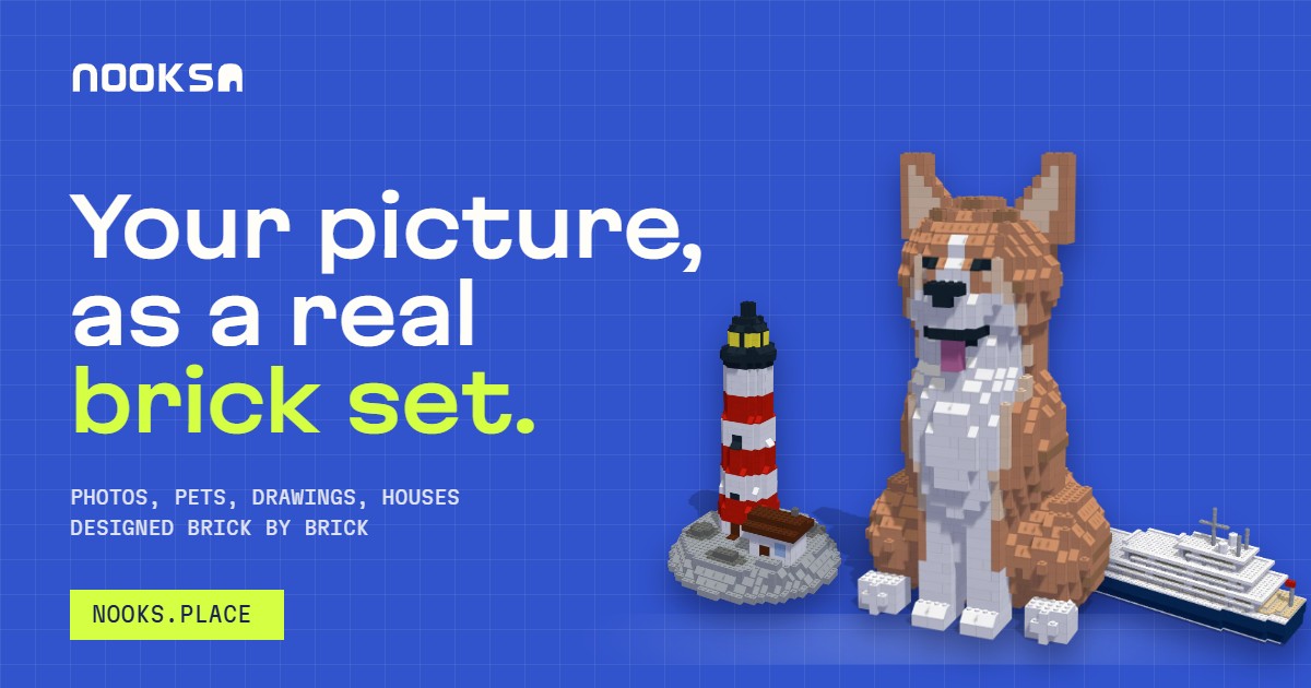 The demo sets, built in real bricks: a yacht, a corgi, a lighthouse and a family scene